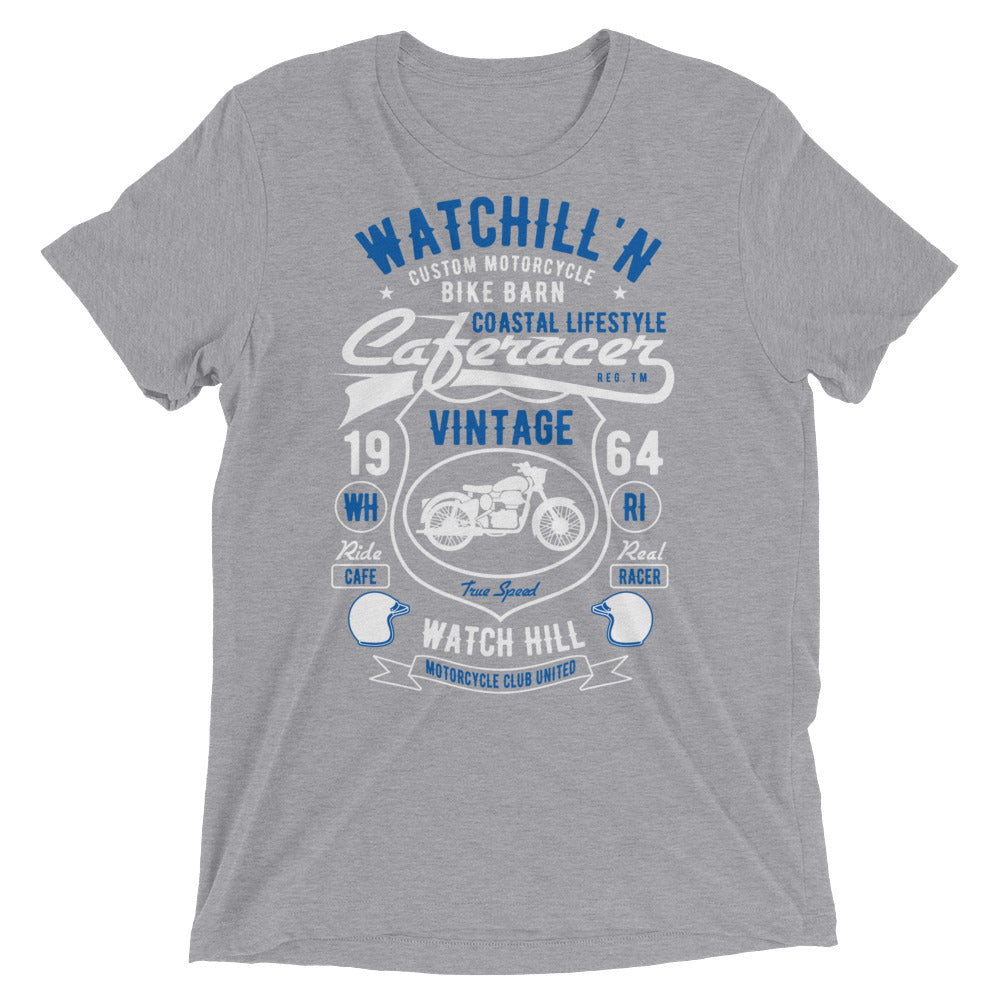 Watchill’n ‘Bike Barn’ Unisex Short sleeve t-shirt (White/Blue) - Watchill'n