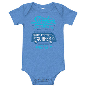 Watchill'n 'Team Surfer' - Baby Jersey Short Sleeve One Piece (Cyan) - Watch Hill RI t-shirts with vintage surfing and motorcycle designs.
