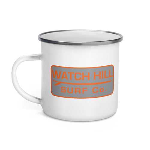 Watch Hill 'Surf Co.' Enamel Mug (Orange/Grey) - Watch Hill RI t-shirts with vintage surfing and motorcycle designs.
