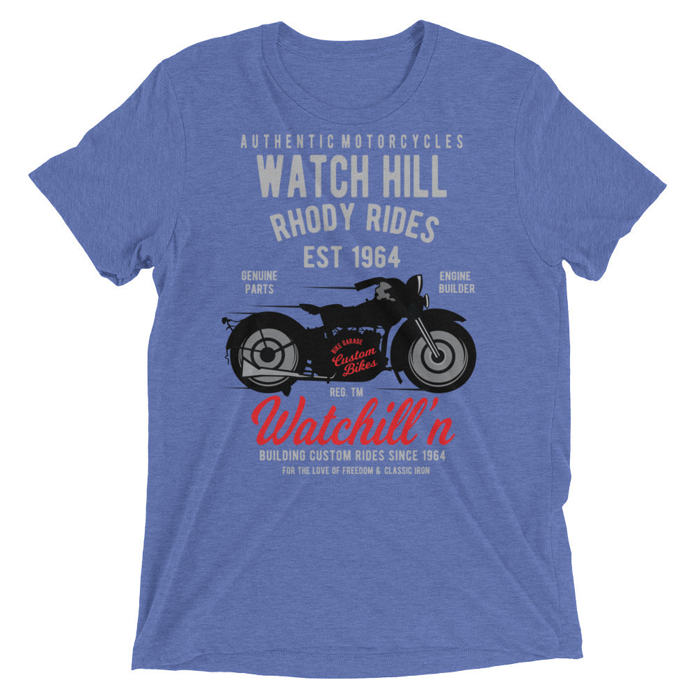 Watchill’n ‘Rhody Rides’ Unisex Short sleeve t-shirt (Grey/Red) - Watchill'n