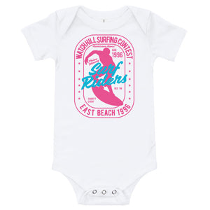 Watchill'n 'Surf Rider' - Baby Jersey Short Sleeve One Piece (Pink) - Watch Hill RI t-shirts with vintage surfing and motorcycle designs.