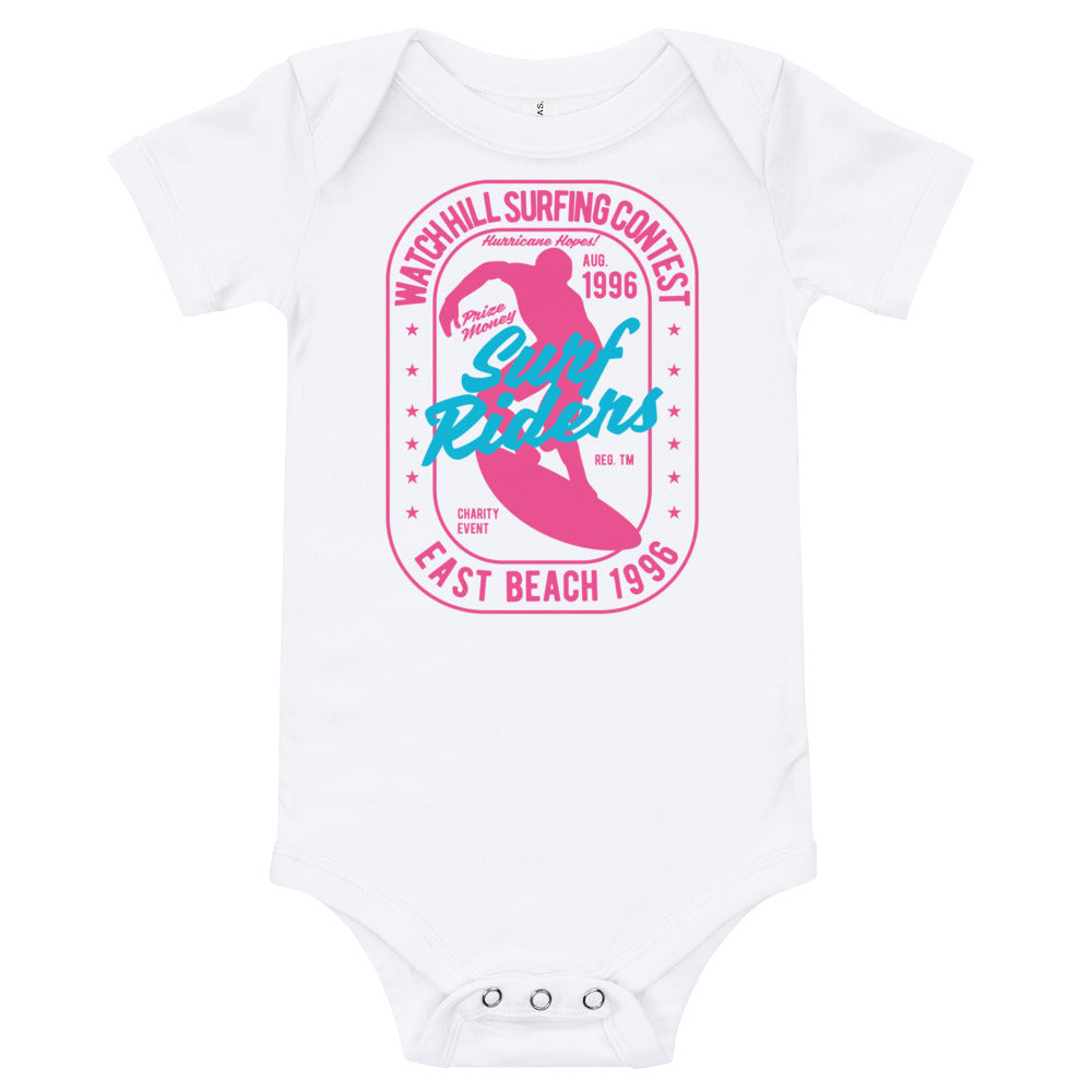 Watchill'n 'Surf Rider' - Baby Jersey Short Sleeve One Piece (Pink) - Watch Hill RI t-shirts with vintage surfing and motorcycle designs.
