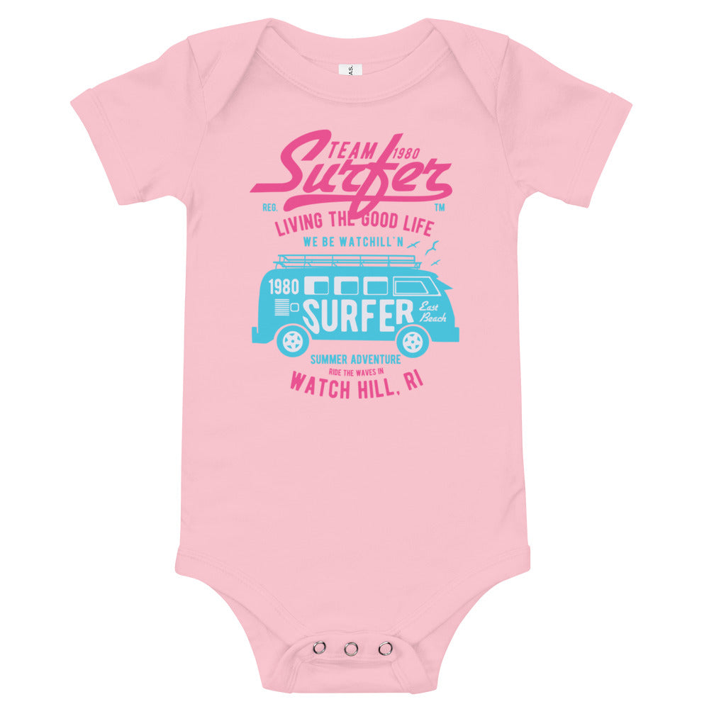 Watchill'n 'Team Surfer' - Baby Jersey Short Sleeve One Piece (Pink) - Watch Hill RI t-shirts with vintage surfing and motorcycle designs.