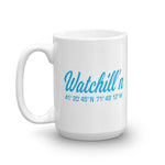 Watchill'n 'Local Coordinates' Ceramic Mug - (Cyan) - Watch Hill RI t-shirts with vintage surfing and motorcycle designs.