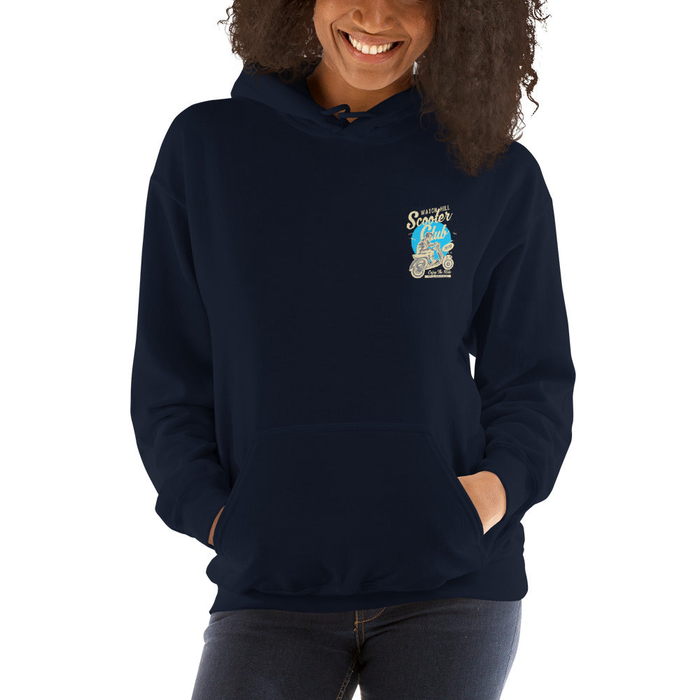 Watchill’n ‘Scooter Club’ Unisex Hoodie (Creme/Cyan) - Watch Hill RI t-shirts with vintage surfing and motorcycle designs.