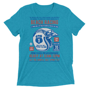 Watchill’n ‘Beach Racing’ Unisex Short sleeve t-shirt (Blue/Rust) - Watchill'n