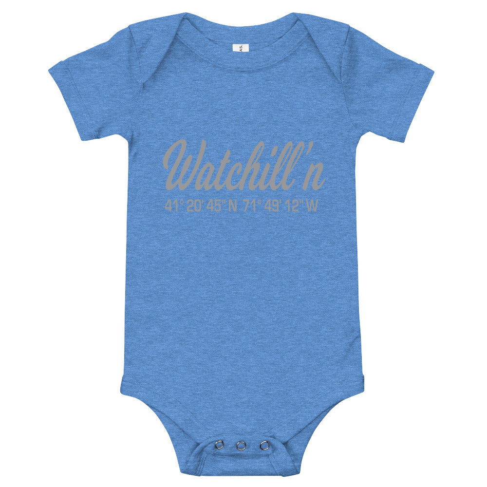 Watchill'n 'Coordinates' - Baby Jersey Short Sleeve One Piece (Grey) - Watch Hill RI t-shirts with vintage surfing and motorcycle designs.