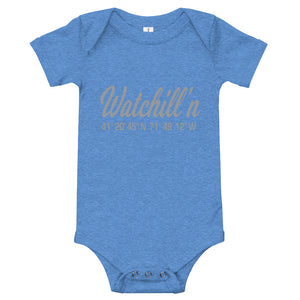 Watchill'n 'Coordinates' - Baby Jersey Short Sleeve One Piece (Grey) - Watch Hill RI t-shirts with vintage surfing and motorcycle designs.