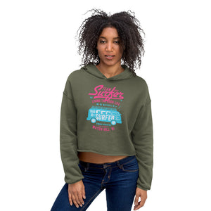 Watchill'n 'Team Surfer' - Women's Cropped Fleece Hoodie (Pink/Turquoise) - Watch Hill RI t-shirts with vintage surfing and motorcycle designs.