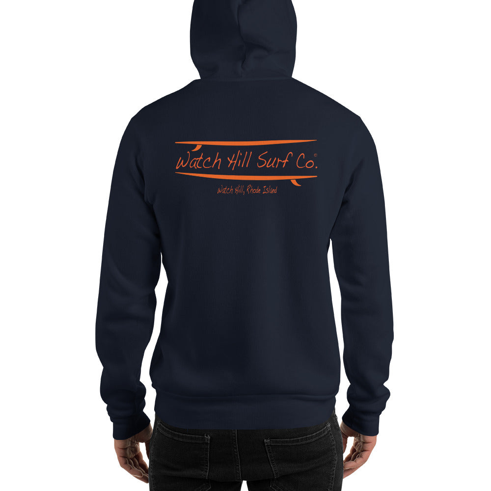 Watch Hill Surf Co. 'Parallel Boards' Unisex Hoodie - (Orange) - Watch Hill RI t-shirts with vintage surfing and motorcycle designs.