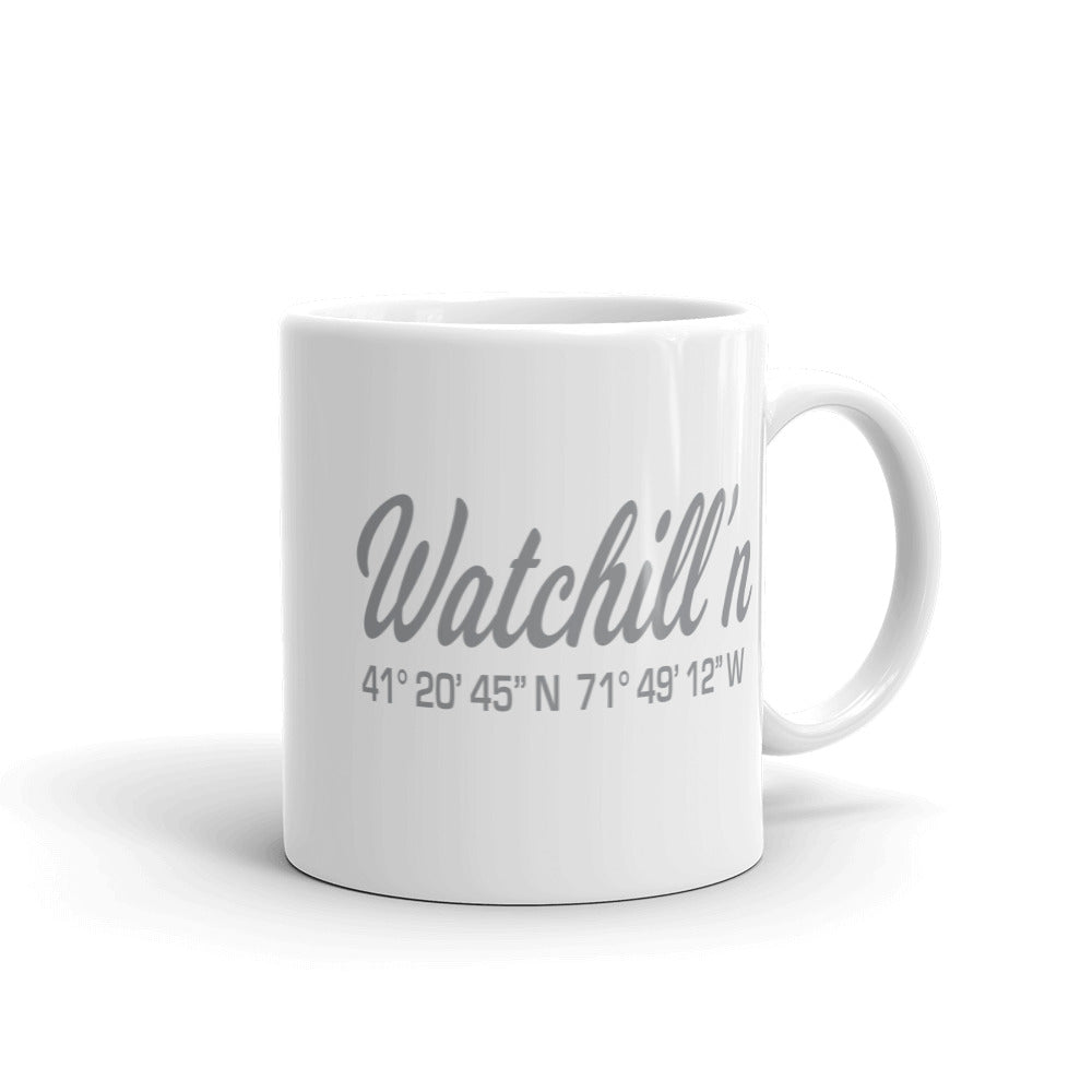 Watchill'n 'Local Coordinates' Ceramic Mug - (Grey) - Watch Hill RI t-shirts with vintage surfing and motorcycle designs.
