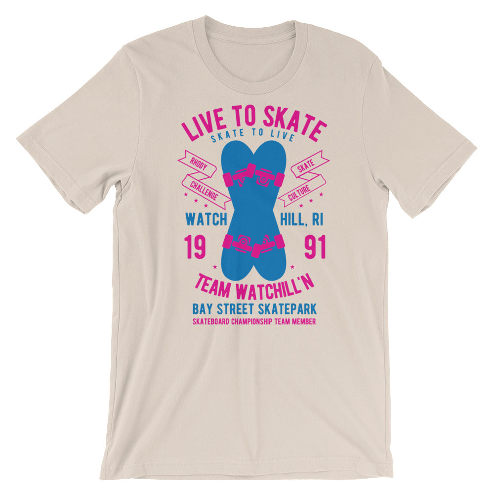 Watchill'n 'Live to Skate' - Short-Sleeve Unisex T-Shirt (Pink/Blue) - Watchill'n