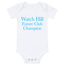 Load image into Gallery viewer, Watch Hill &#39;Club Champion&#39; - Baby Jersey Short Sleeve One Piece (Cyan) - Watch Hill RI t-shirts with vintage surfing and motorcycle designs.