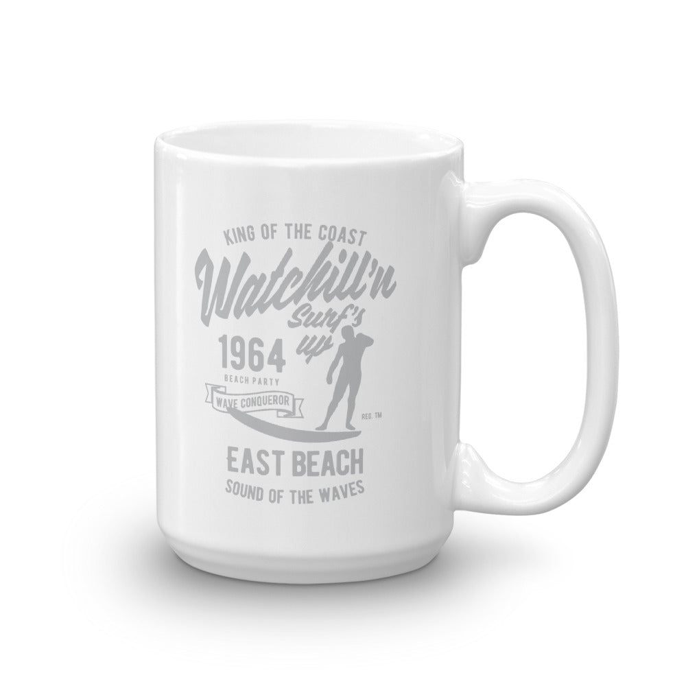 Watchill'n 'Surfs Up' Ceramic Mug - (Grey) - Watch Hill RI t-shirts with vintage surfing and motorcycle designs.