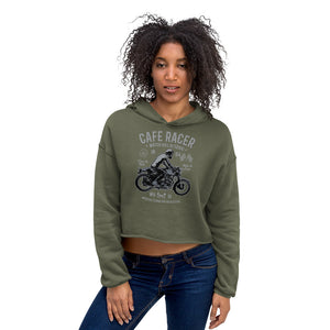 Watchill’n ‘Cafe Racer’ - Women's Cropped Fleece Hoodie (Grey) - Watch Hill RI t-shirts with vintage surfing and motorcycle designs.