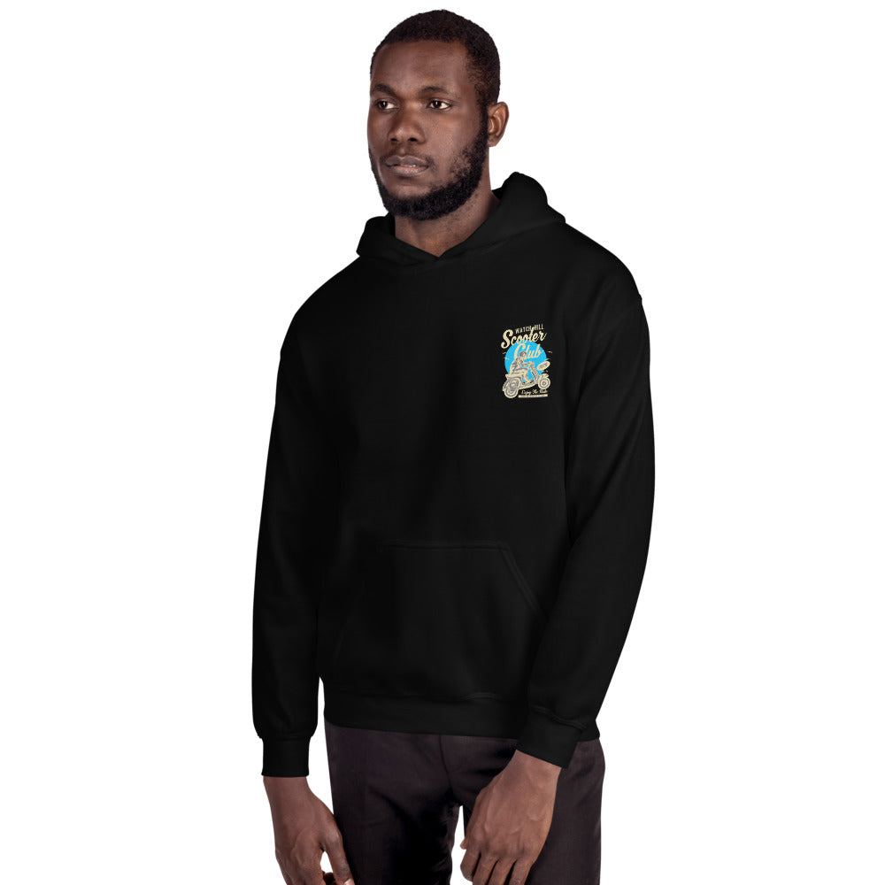 Watchill’n ‘Scooter Club’ Unisex Hoodie (Creme/Cyan) - Watch Hill RI t-shirts with vintage surfing and motorcycle designs.