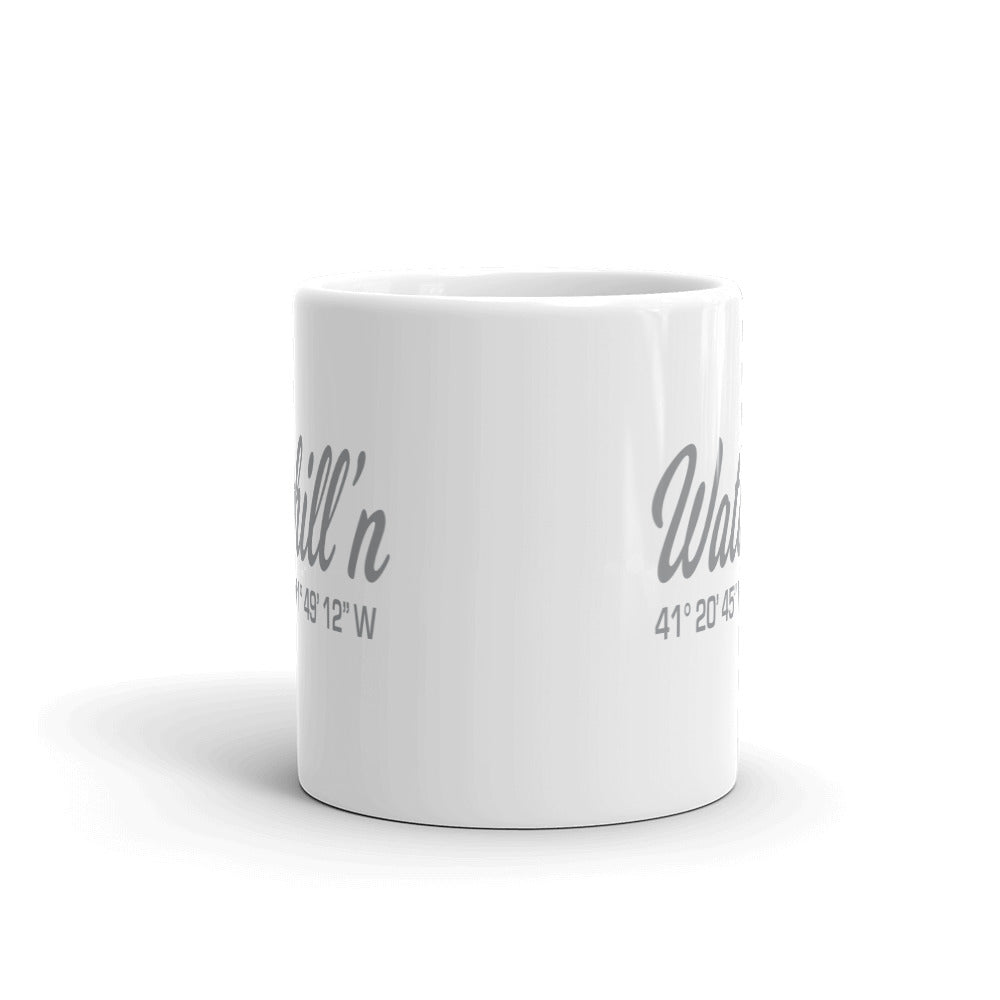 Watchill'n 'Local Coordinates' Ceramic Mug - (Grey) - Watch Hill RI t-shirts with vintage surfing and motorcycle designs.