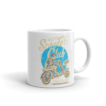 Load image into Gallery viewer, Watchill’n ‘Scooter Club’ Ceramic Mugs in 11oz. or 15oz. (Creme/Cyan) - Watch Hill RI t-shirts with vintage surfing and motorcycle designs.