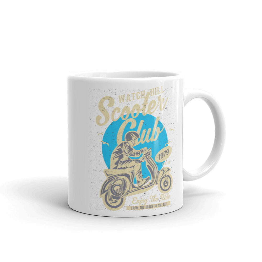 Watchill’n ‘Scooter Club’ Ceramic Mugs in 11oz. or 15oz. (Creme/Cyan) - Watch Hill RI t-shirts with vintage surfing and motorcycle designs.