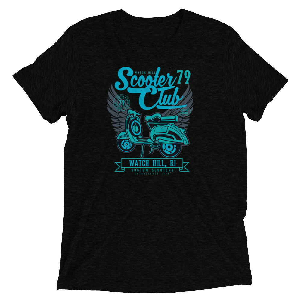 Watchill’n ‘Scooter Club’ Unisex Short Sleeve t-shirt (Cyan/Turquoise) - Watch Hill RI t-shirts with vintage surfing and motorcycle designs.