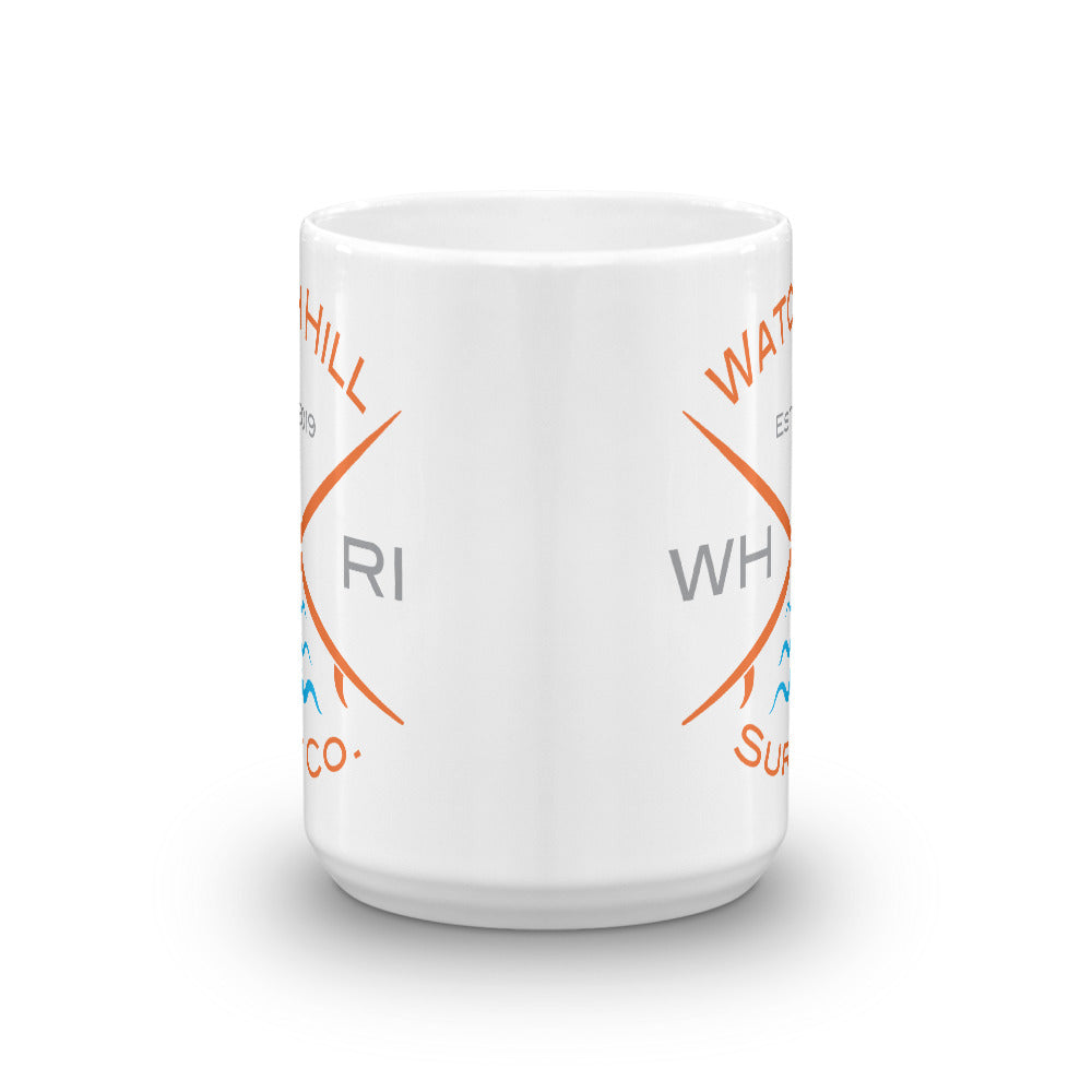 Watch Hill ‘Surf Co.’ Ceramic Mugs in 11oz. or 15oz. (Orange/Grey/Cyan) - Watch Hill RI t-shirts with vintage surfing and motorcycle designs.