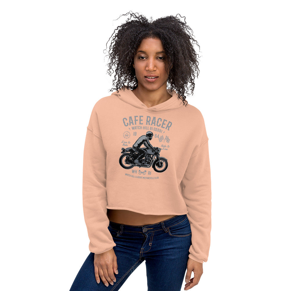 Watchill’n ‘Cafe Racer’ - Women's Cropped Fleece Hoodie (Grey) - Watch Hill RI t-shirts with vintage surfing and motorcycle designs.
