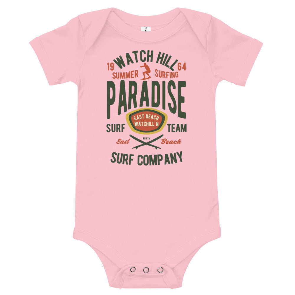 Watchill'n 'Summer Surfing' -Baby Jersey Short Sleeve One Piece (Green/Terracotta) - Watch Hill RI t-shirts with vintage surfing and motorcycle designs.