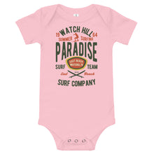 Load image into Gallery viewer, Watchill&#39;n &#39;Summer Surfing&#39; -Baby Jersey Short Sleeve One Piece (Green/Terracotta) - Watch Hill RI t-shirts with vintage surfing and motorcycle designs.