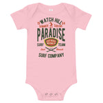 Watchill'n 'Summer Surfing' -Baby Jersey Short Sleeve One Piece (Green/Terracotta) - Watch Hill RI t-shirts with vintage surfing and motorcycle designs.