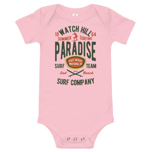 Watchill'n 'Summer Surfing' -Baby Jersey Short Sleeve One Piece (Green/Terracotta) - Watch Hill RI t-shirts with vintage surfing and motorcycle designs.