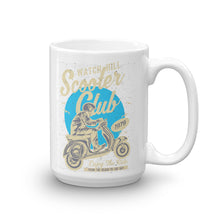 Load image into Gallery viewer, Watchill’n ‘Scooter Club’ Ceramic Mugs in 11oz. or 15oz. (Creme/Cyan) - Watch Hill RI t-shirts with vintage surfing and motorcycle designs.