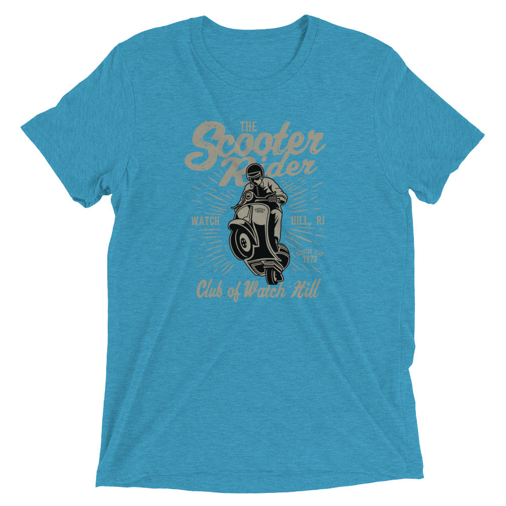 Watchill’n ‘Scooter Rider’ Unisex Short Sleeve t-shirt (Grey/Black) - Watch Hill RI t-shirts with vintage surfing and motorcycle designs.