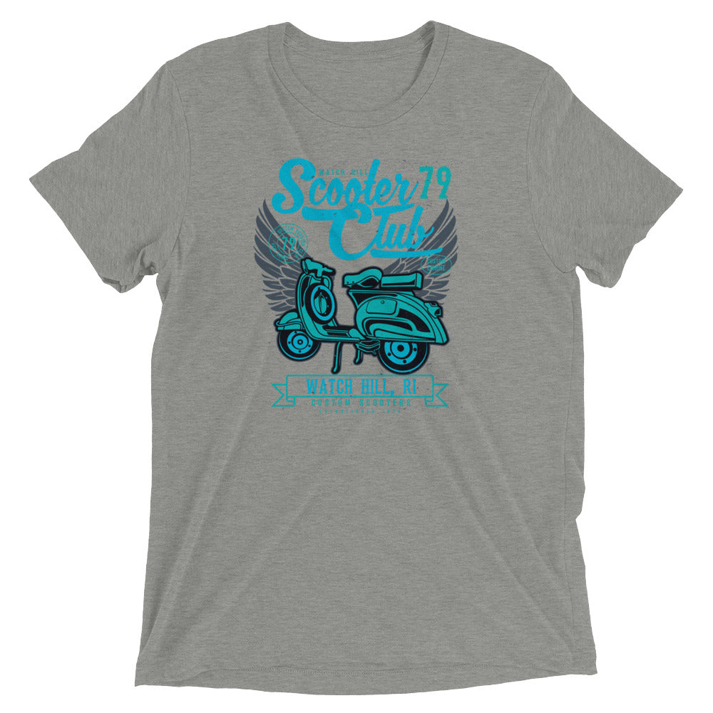 Watchill’n ‘Scooter Club’ Unisex Short Sleeve t-shirt (Cyan/Turquoise) - Watch Hill RI t-shirts with vintage surfing and motorcycle designs.