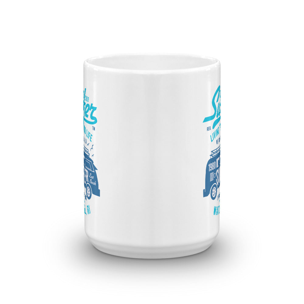 Watchill'n 'Team Surfer' Ceramic Mug - (Cyan/Blue) - Watch Hill RI t-shirts with vintage surfing and motorcycle designs.