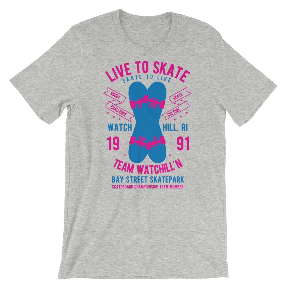 Watchill'n 'Live to Skate' - Short-Sleeve Unisex T-Shirt (Pink/Blue) - Watchill'n