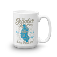 Load image into Gallery viewer, Watchill’n ‘Scooter Rider’ Ceramic Mugs in 11oz. or 15oz. (Grey/Cyan) - Watch Hill RI t-shirts with vintage surfing and motorcycle designs.