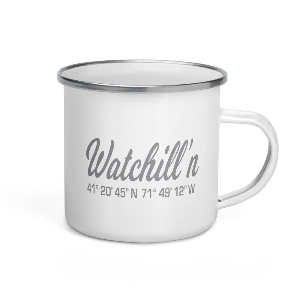 Watchill'n 'Coordinates' Enamel Mug (Grey) - Watch Hill RI t-shirts with vintage surfing and motorcycle designs.