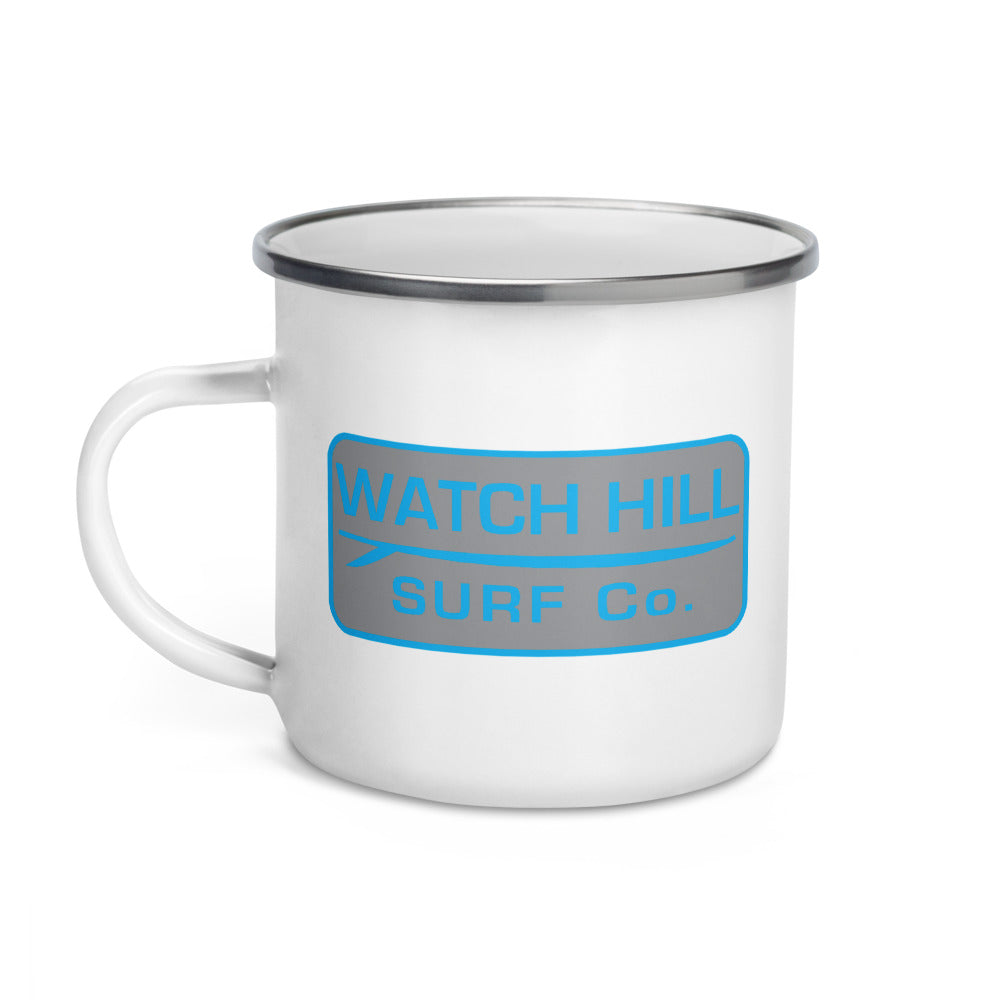 Watch Hill 'Surf Co.' Enamel Mug (Cyan/Grey) - Watch Hill RI t-shirts with vintage surfing and motorcycle designs.