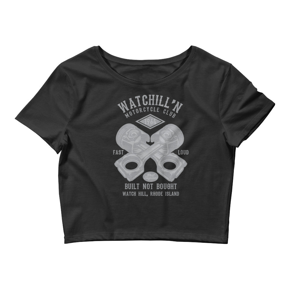 Watchill’n ‘Built Not Bought’ - Women’s Crop Tee (Grey) - Watch Hill RI t-shirts with vintage surfing and motorcycle designs.