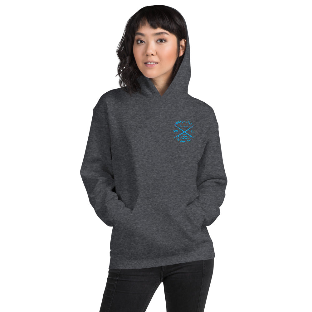 Watch Hill 'Surf Co.’ Unisex Hoodie (Blue) - Watch Hill RI t-shirts with vintage surfing and motorcycle designs.