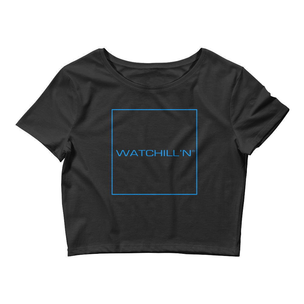 Watchill'n 'Box Logo' - Women’s Crop Tee (Cyan) - Watch Hill RI t-shirts with vintage surfing and motorcycle designs.