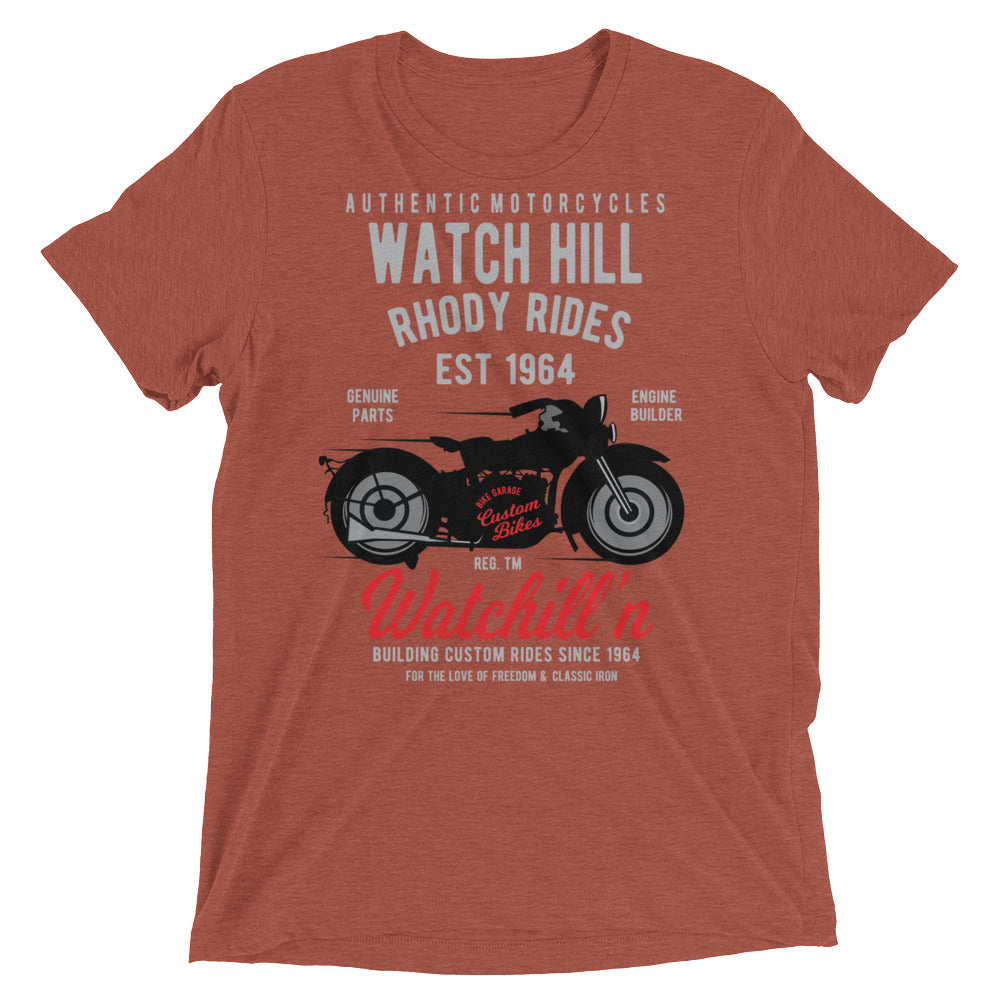 Watchill’n ‘Rhody Rides’ Unisex Short sleeve t-shirt (Grey/Red) - Watchill'n