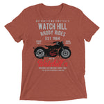 Watchill’n ‘Rhody Rides’ Unisex Short sleeve t-shirt (Grey/Red) - Watchill'n