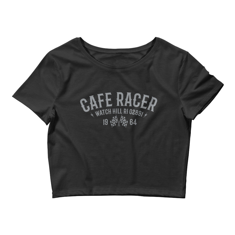 Watchill’n ‘Cafe Racer’ - Women’s Crop Tee (Grey) - Watch Hill RI t-shirts with vintage surfing and motorcycle designs.