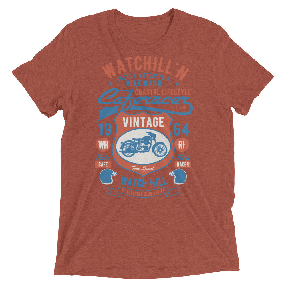 Watchill’n ‘Bike Barn’ Unisex Short sleeve t-shirt (Rust/Lt Blue) - Watchill'n