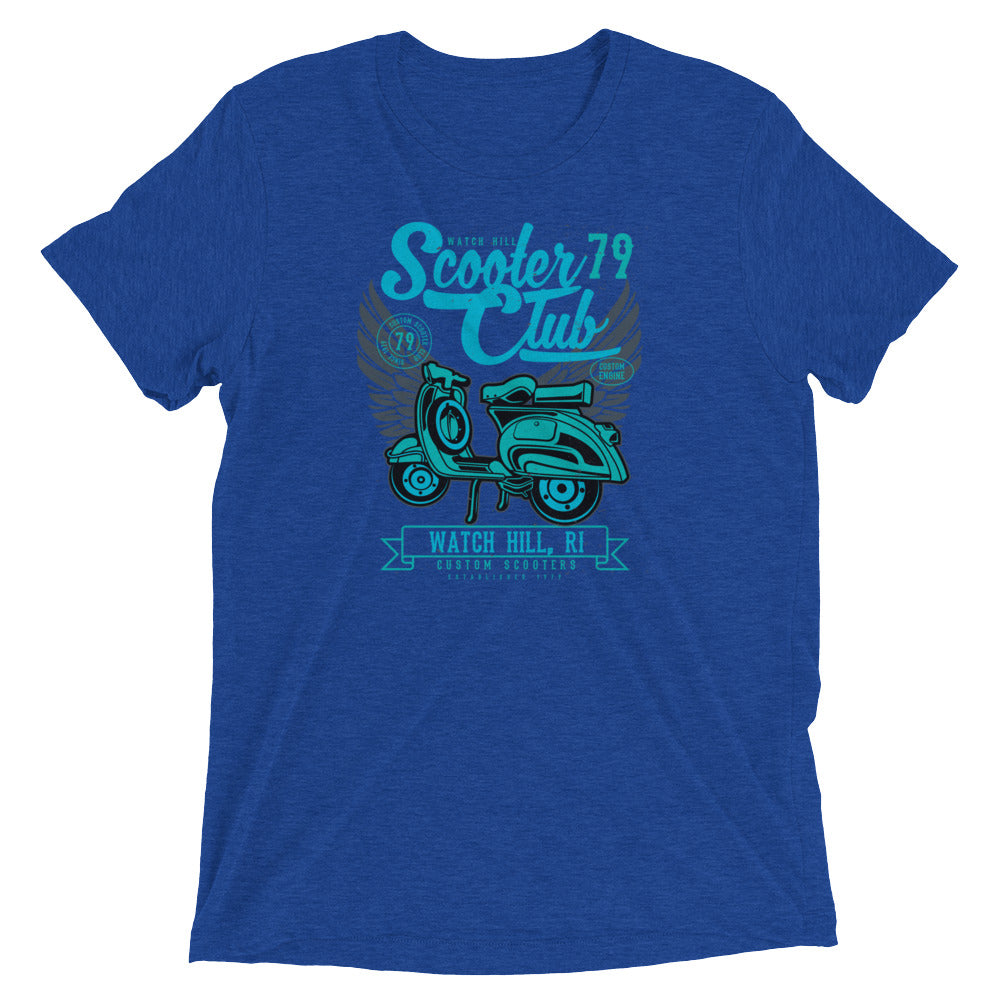 Watchill’n ‘Scooter Club’ Unisex Short Sleeve t-shirt (Cyan/Turquoise) - Watch Hill RI t-shirts with vintage surfing and motorcycle designs.
