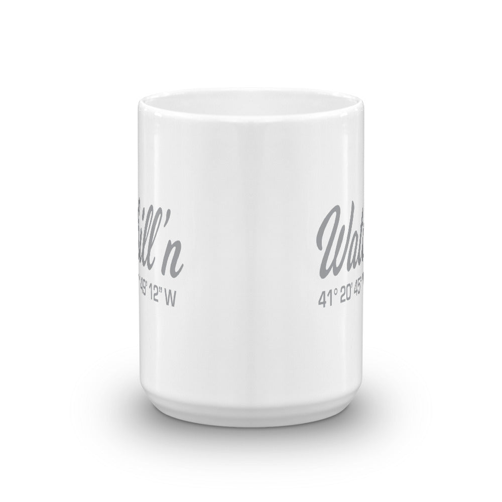 Watchill'n 'Local Coordinates' Ceramic Mug - (Grey) - Watch Hill RI t-shirts with vintage surfing and motorcycle designs.