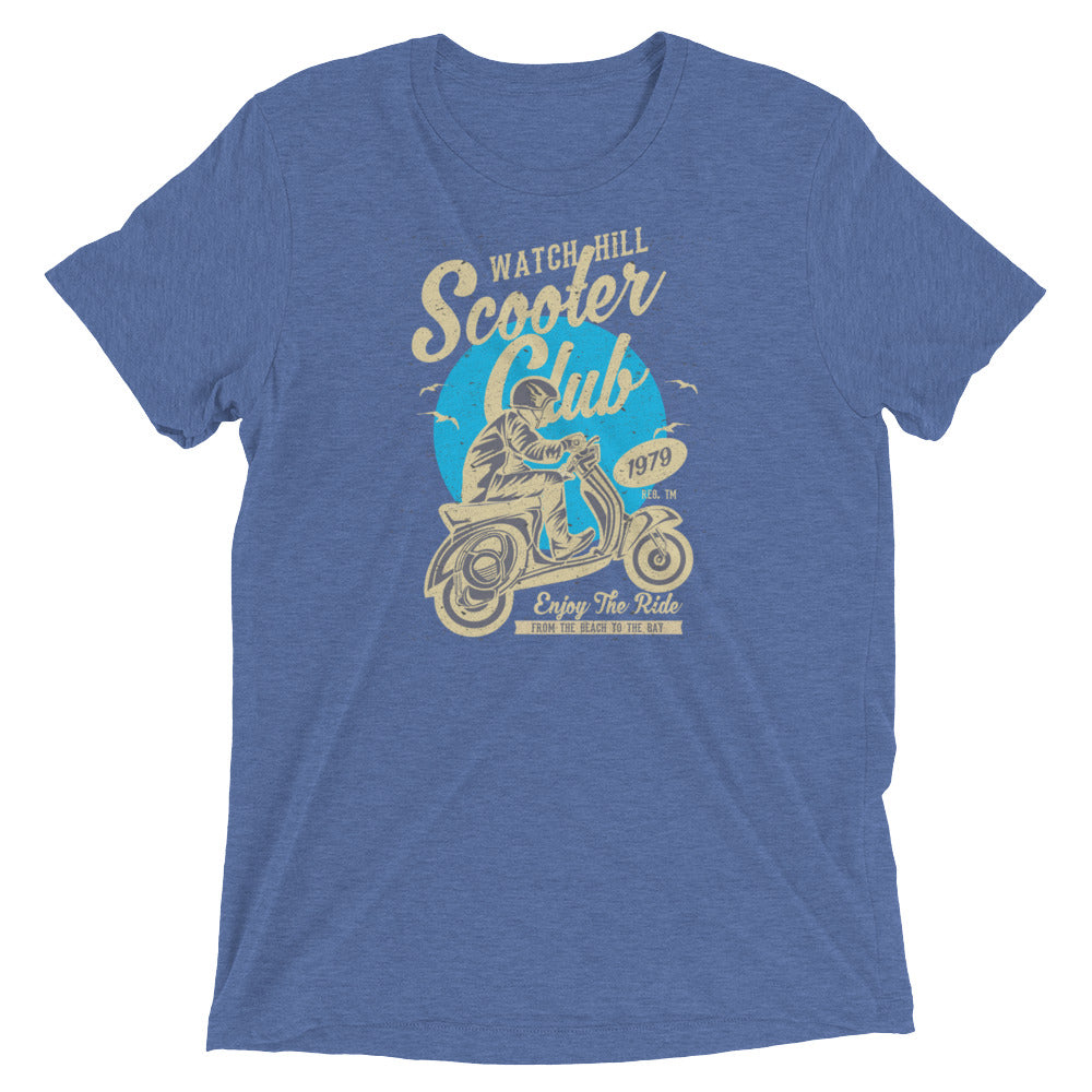 Watchill’n ‘Scooter Club’ Unisex Short Sleeve t-shirt (Creme/Cyan) - Watch Hill RI t-shirts with vintage surfing and motorcycle designs.
