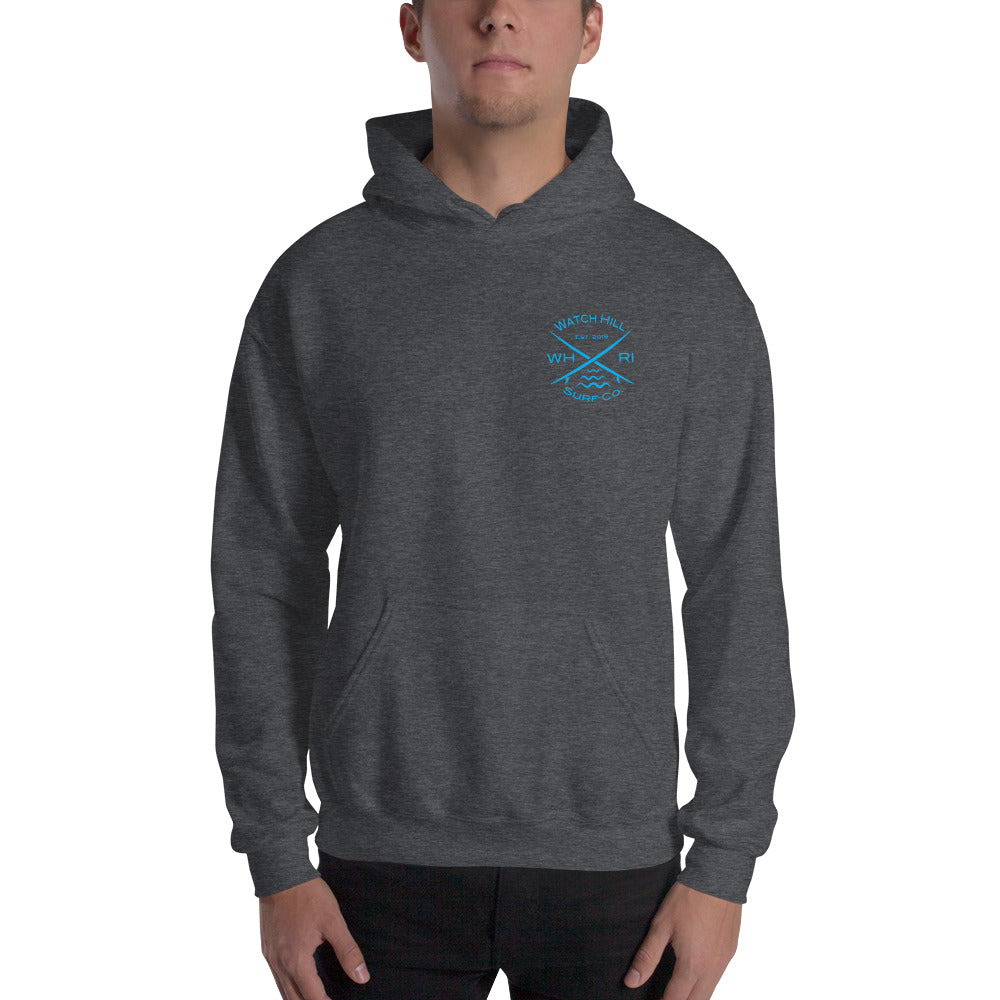 Watch Hill 'Surf Co.’ Unisex Hoodie (Blue) - Watch Hill RI t-shirts with vintage surfing and motorcycle designs.