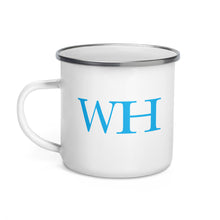 Load image into Gallery viewer, Watch Hill &#39;WH&#39; Logo Enamel Mug (Cyan) - Watch Hill RI t-shirts with vintage surfing and motorcycle designs.